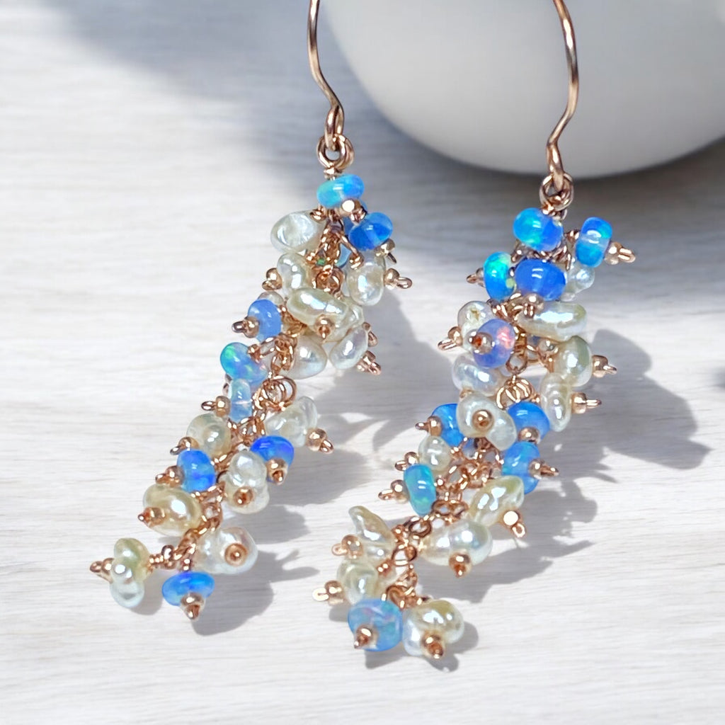 Blue Ethiopian Opal and Keishi Pearl Tassel Dangle Earrings Rose Gold