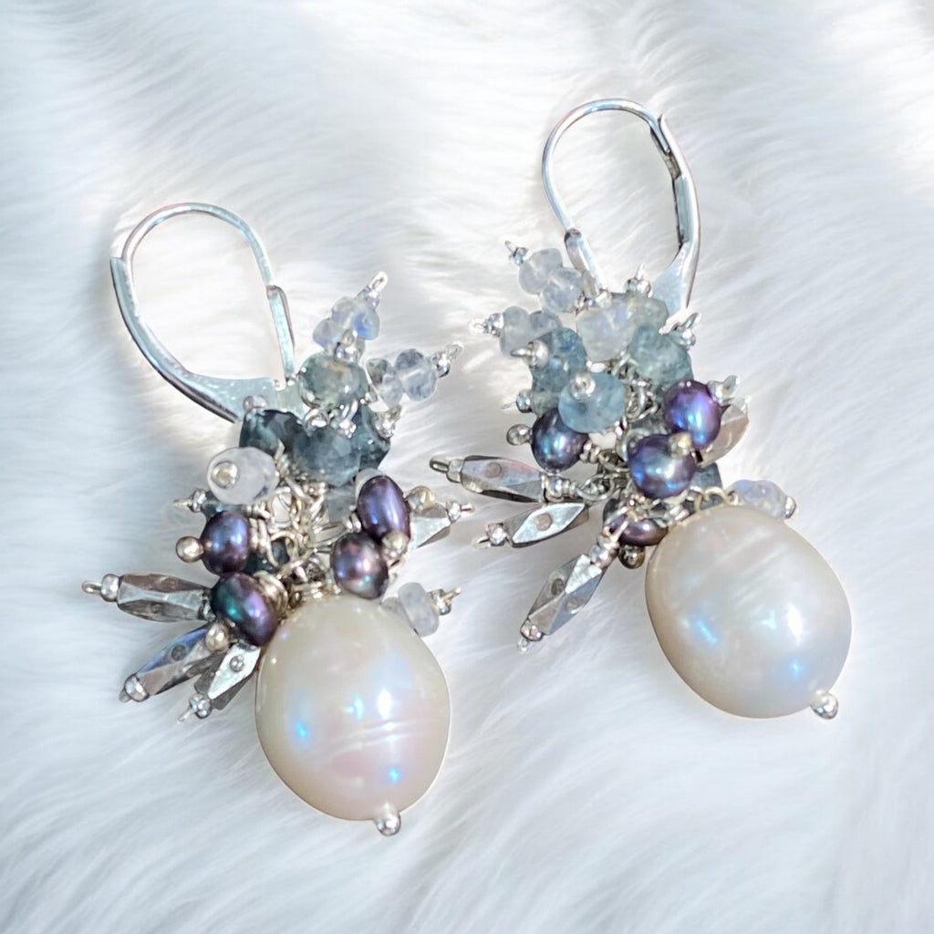 Moss Aquamarine and Pearl Cluster Earrings, Sterling Silver