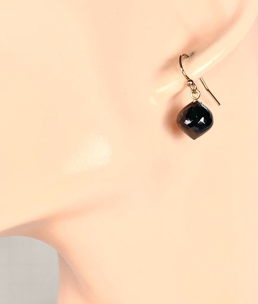 AAA Black Spinel Faceted Onion Briolette Dangle Earrings 14k Gold Fill