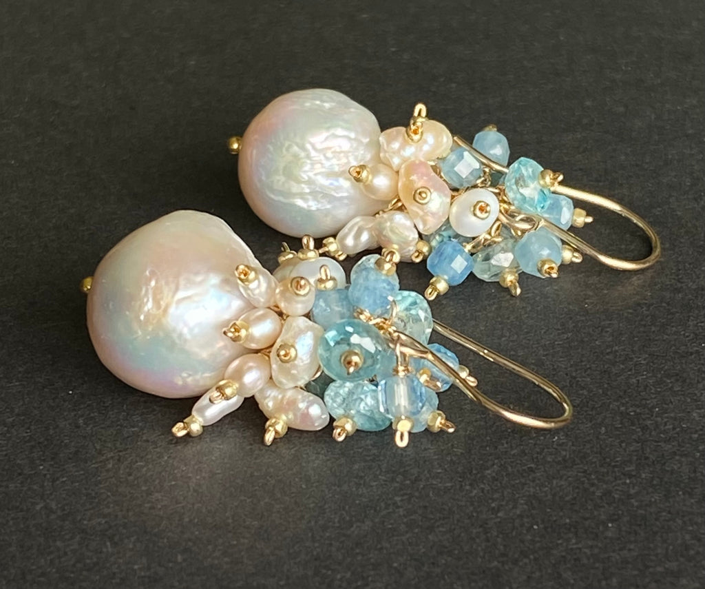 Blue Zircon Pearl Cluster Earrings Gold Post