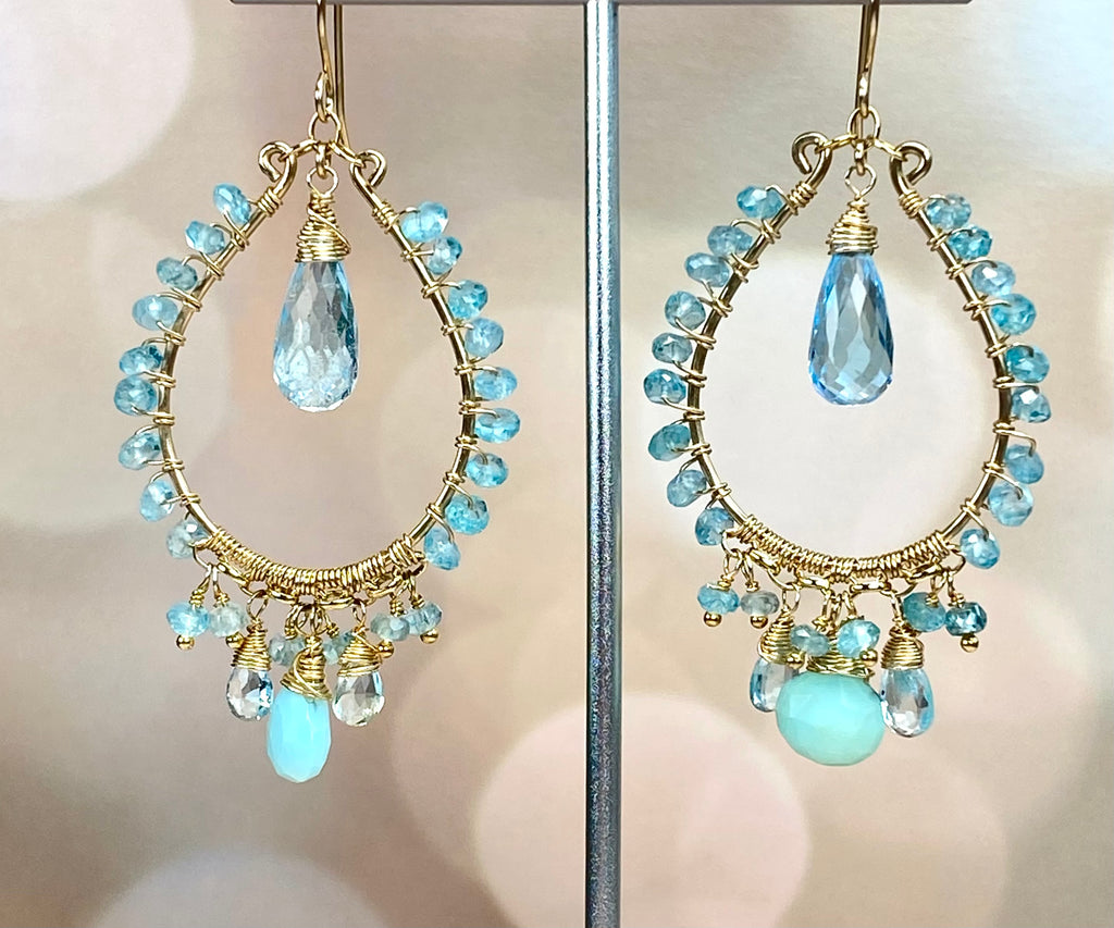 Blue Topaz Gold Fill Hoop Chandelier Earrings with Apatite, Peruvian Opal