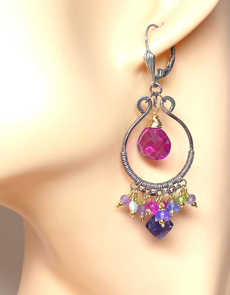 Blue Violet Gemstones Oxidized Silver Hoop Chandelier Earrings