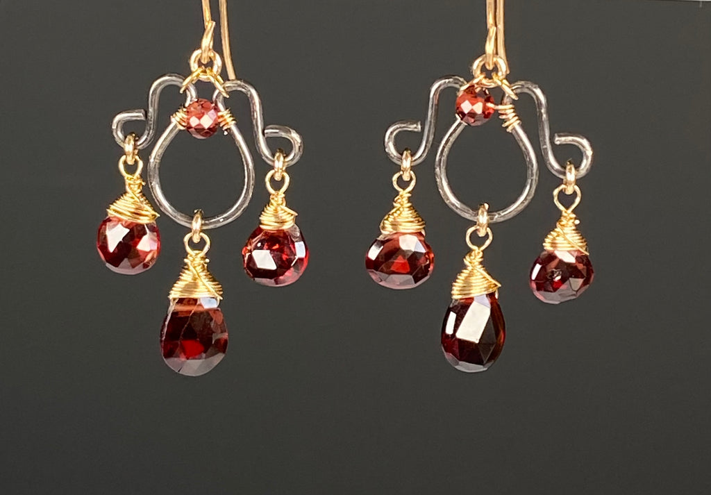 Red Garnet Chandelier Earrings Mixed Metal - January Birthstone Jewelry - Doolittle