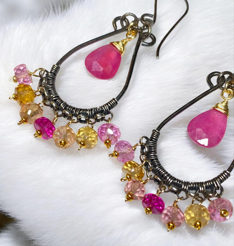 Padparadscha Pink Sapphire Chandelier Hoop Earrings — Fuchsia, Blush & Peach, Mixed Metals