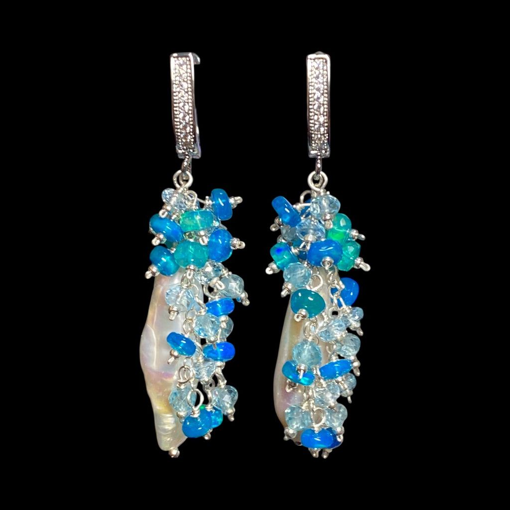 White Biwa Pearl and Aqua Blue Opal Cluster Earrings Sterling Silver