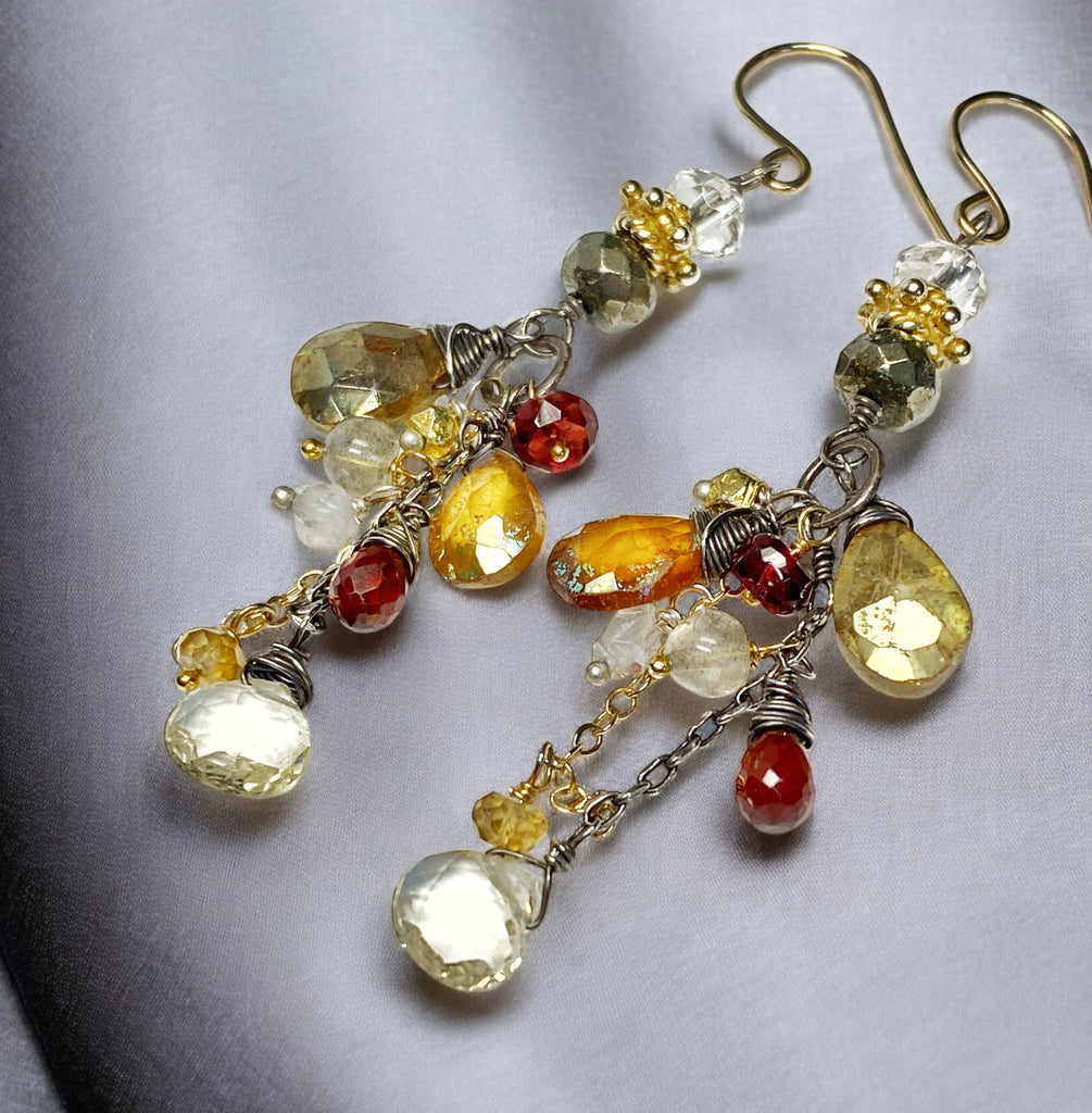 Pyrite Garnet Mixed Metal Long Dangle Earrings