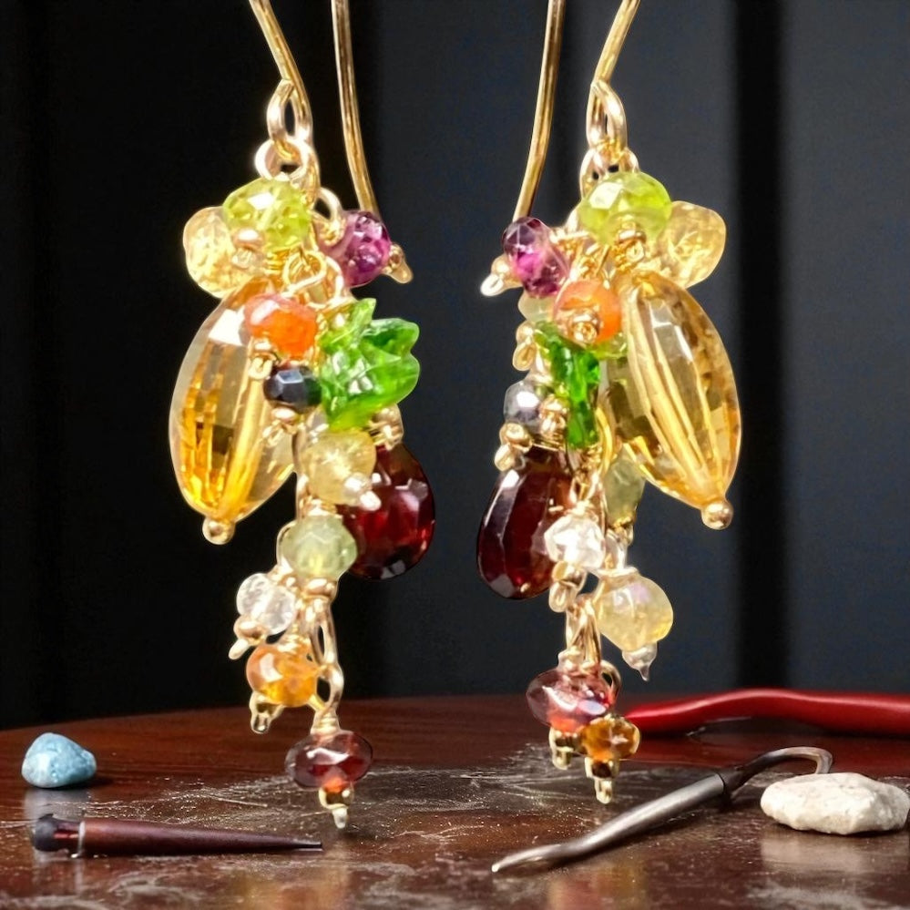 Citrine Dangle Earrings with Multi Gemstone Cluster, Garnet, Opal, Chrome Diopside
