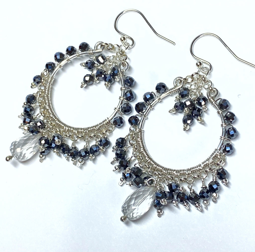 Black Gemstone Chandelier Hoop Earrings Sterling Silver