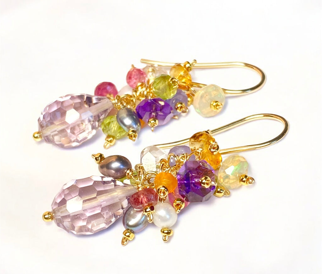 PInk Amethyst Multi Gemstone Cluster Dangle Earrings