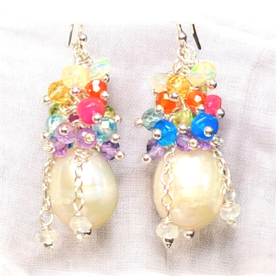 Pearl Earrings with Multi-color Opals and Gemstones in Gold Fill or Sterling Silver