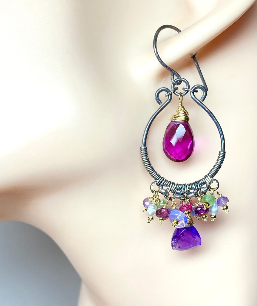 Blue Violet Gemstones Oxidized Silver Hoop Chandelier Earrings
