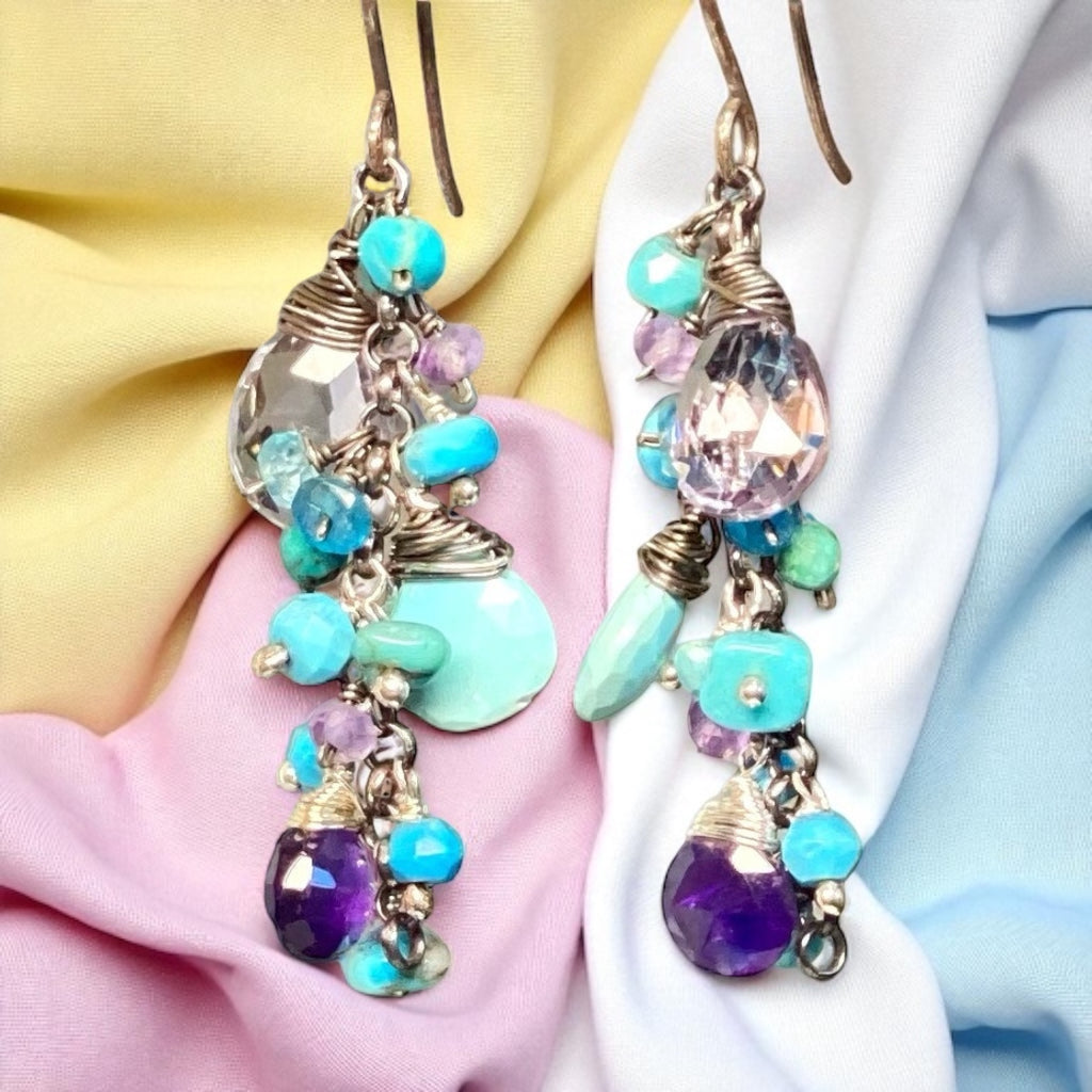 Sleeping Beauty Turquoise Dangle Earrings with Amethyst in Oxidized Sterling Silver