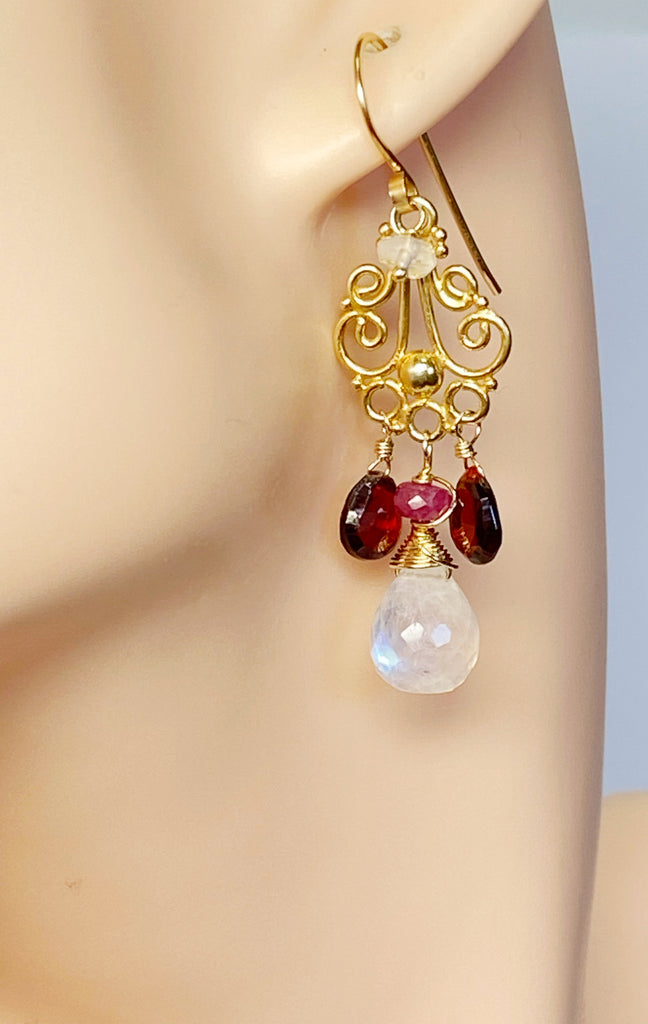 Garnet and Rainbow Moonstone Gold Chandelier Earrings
