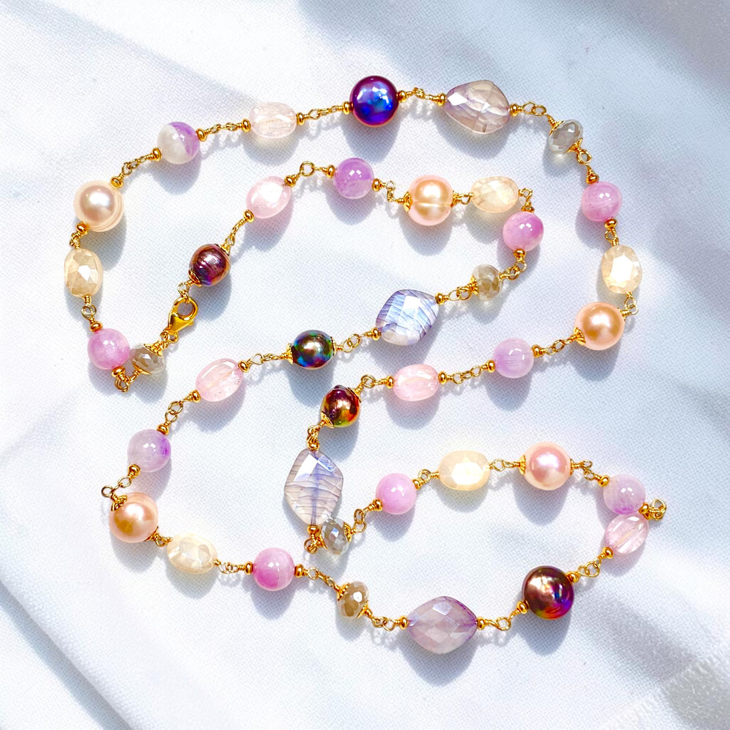 Long Multicolor Gem Stone Necklace Gold, Kunzite, Blue Sapphire, Moonstone, Pearl