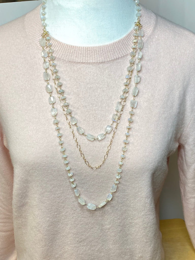 Rainbow Moonstone Triple Strand Long Necklace - Doolittle