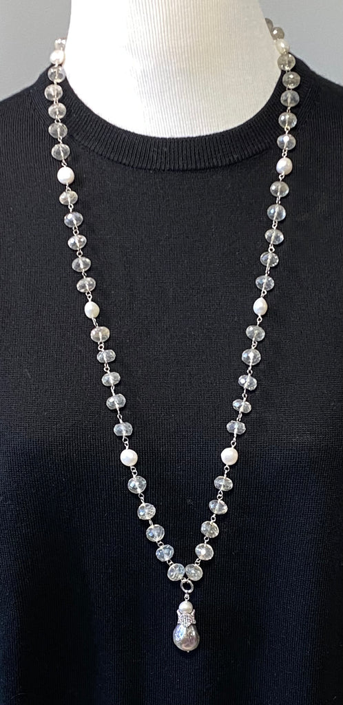 Mystic Silver Quartz and Pearl Long Wire Wrap Necklace Sterling Silver