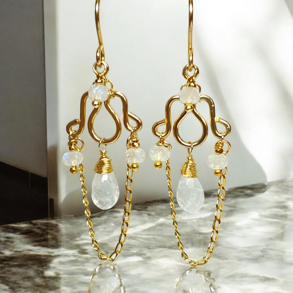 Rainbow Moonstone Petite Chandelier Earrings Gold Fill