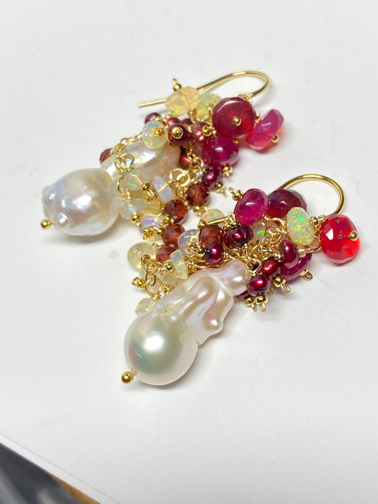 Baroque Pearl Earrings with Rubies, Garnets and Fiery AAA Ethiopian Opals 2