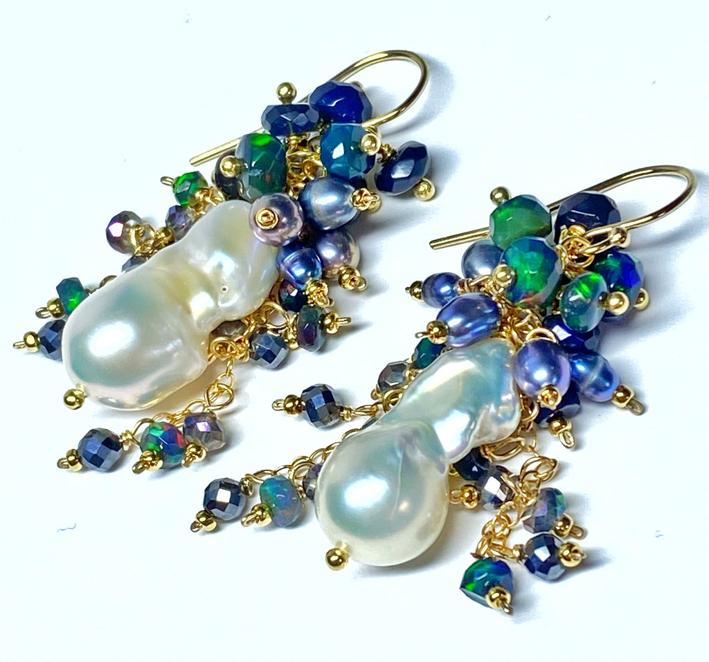 Baroque Pearl Earrings with Fiery Black Ethiopian Opals 2