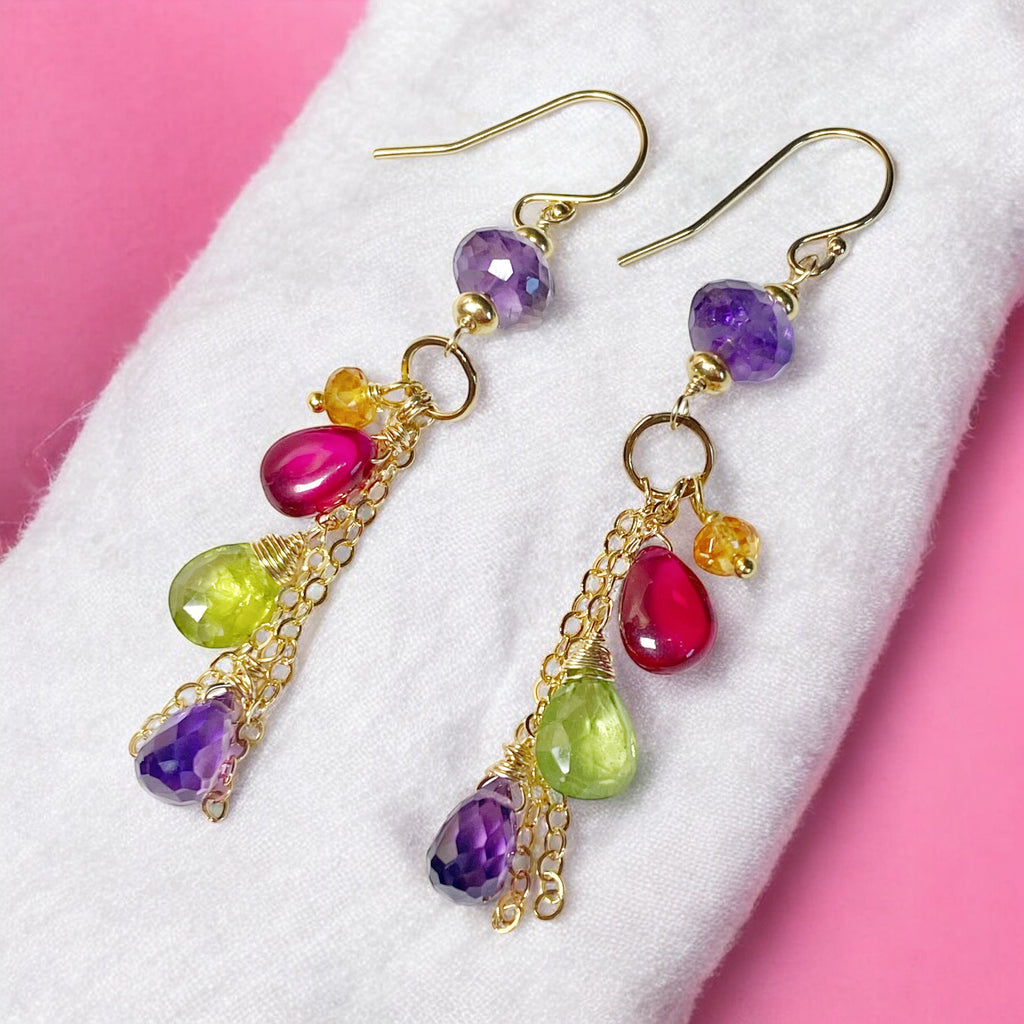 Gemstone Long Chain Dangle Earrings, Amethyst, Rubellite, Peridot, Gold Fill