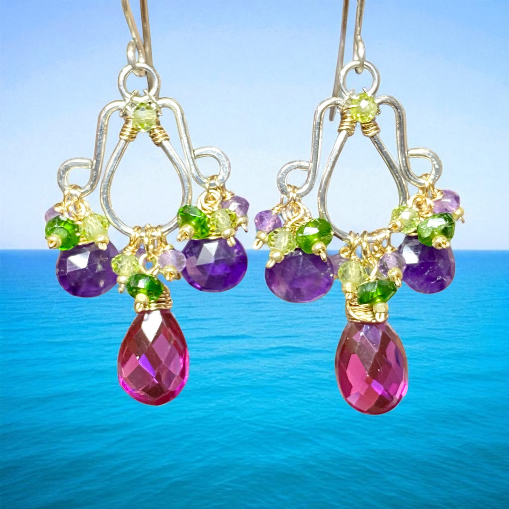 Amethyst, Rhodolite Mixed Metal Chandelier Earrings - Purple, Violet, Green