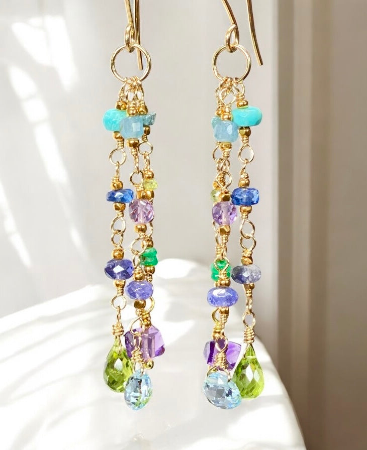 Peridot, Blue Topaz, Amethyst, Multi Gemstone Dangle Earrings