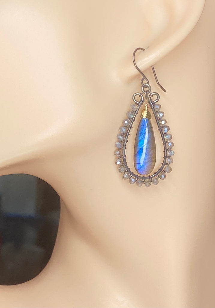 Blue Flash Labradorite Long Hoop Earrings - Oxidized Sterling Silver and Gold Fill - Doolittle