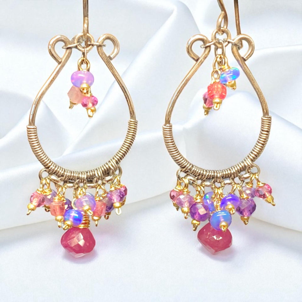 Pink Sapphire Mixed Metal Hoop Chandelier Earrings - Oxidized Sterling Silver - Doolittle