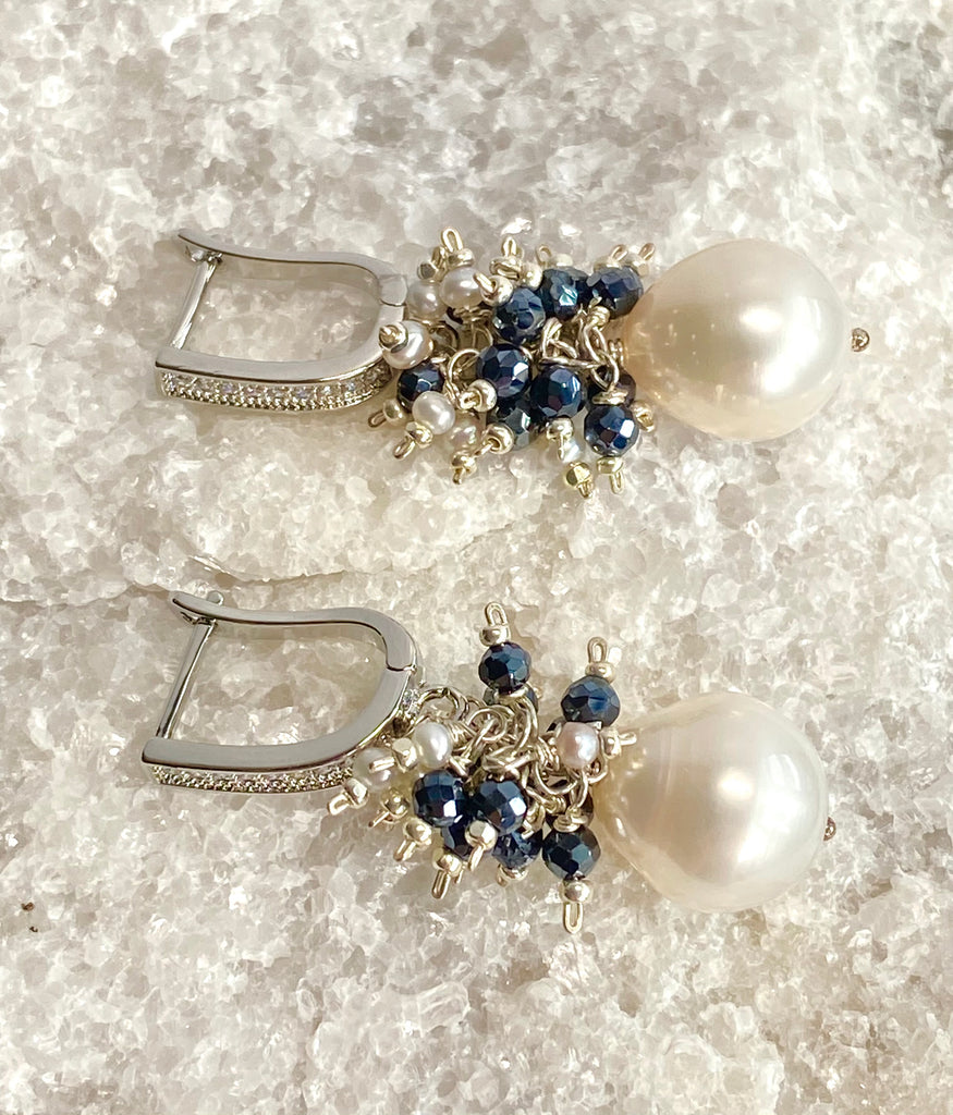 White Pearl Black Spinel Cluster Earrings Sterling Silver