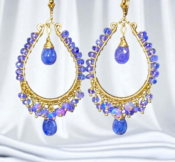 Tanzanite and Opal Hoop Earrings in Gold Fill