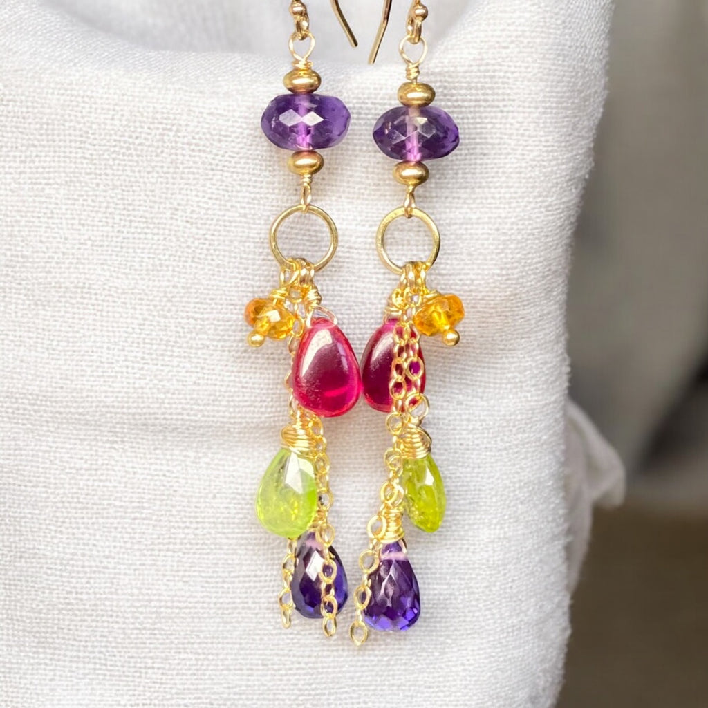 Gemstone Long Chain Dangle Earrings, Amethyst, Rubellite, Peridot, Gold Fill