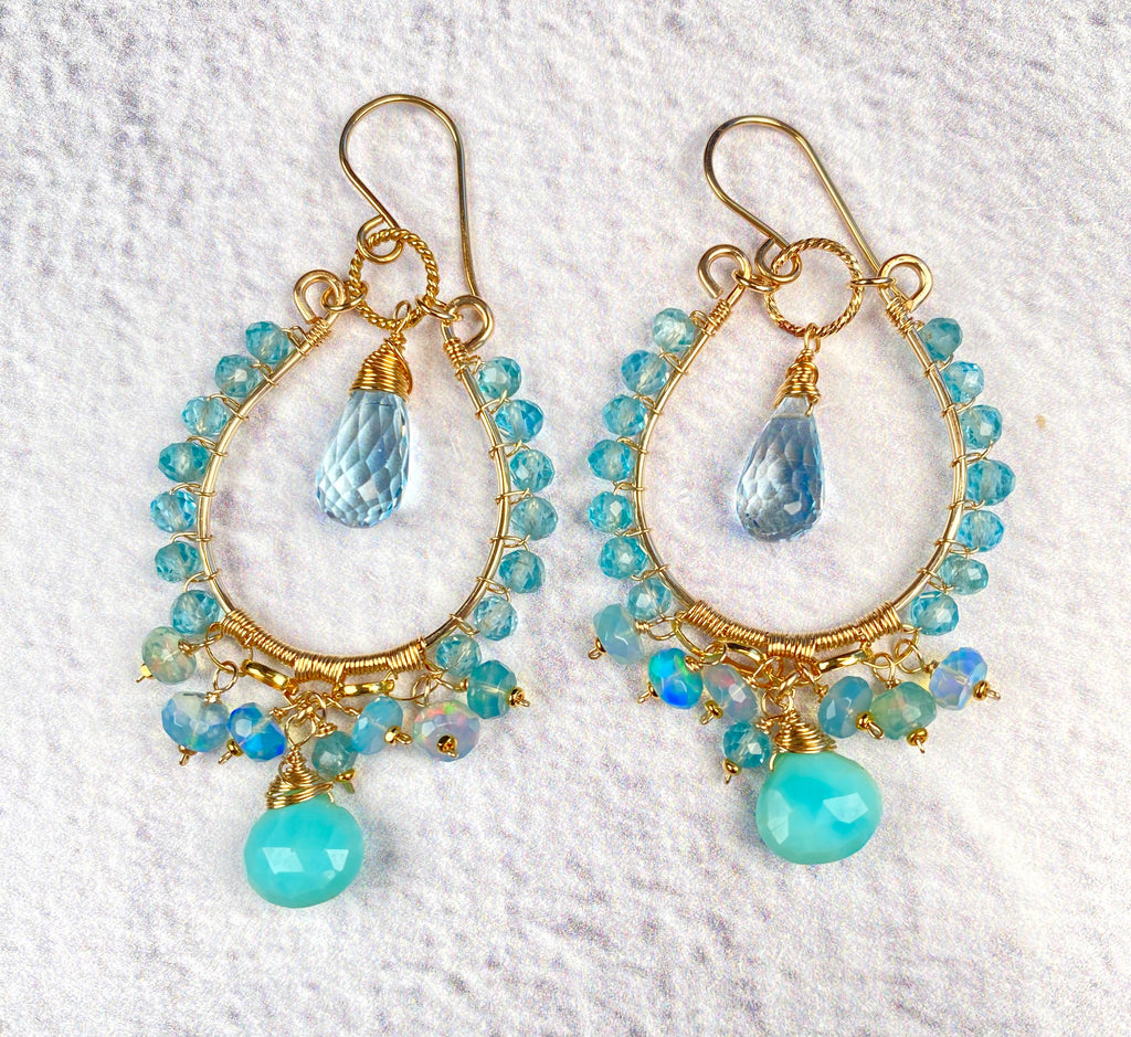 Blue Topaz and Opal Chandelier Hoop Earrings, Apatite, 14k Gold Fill