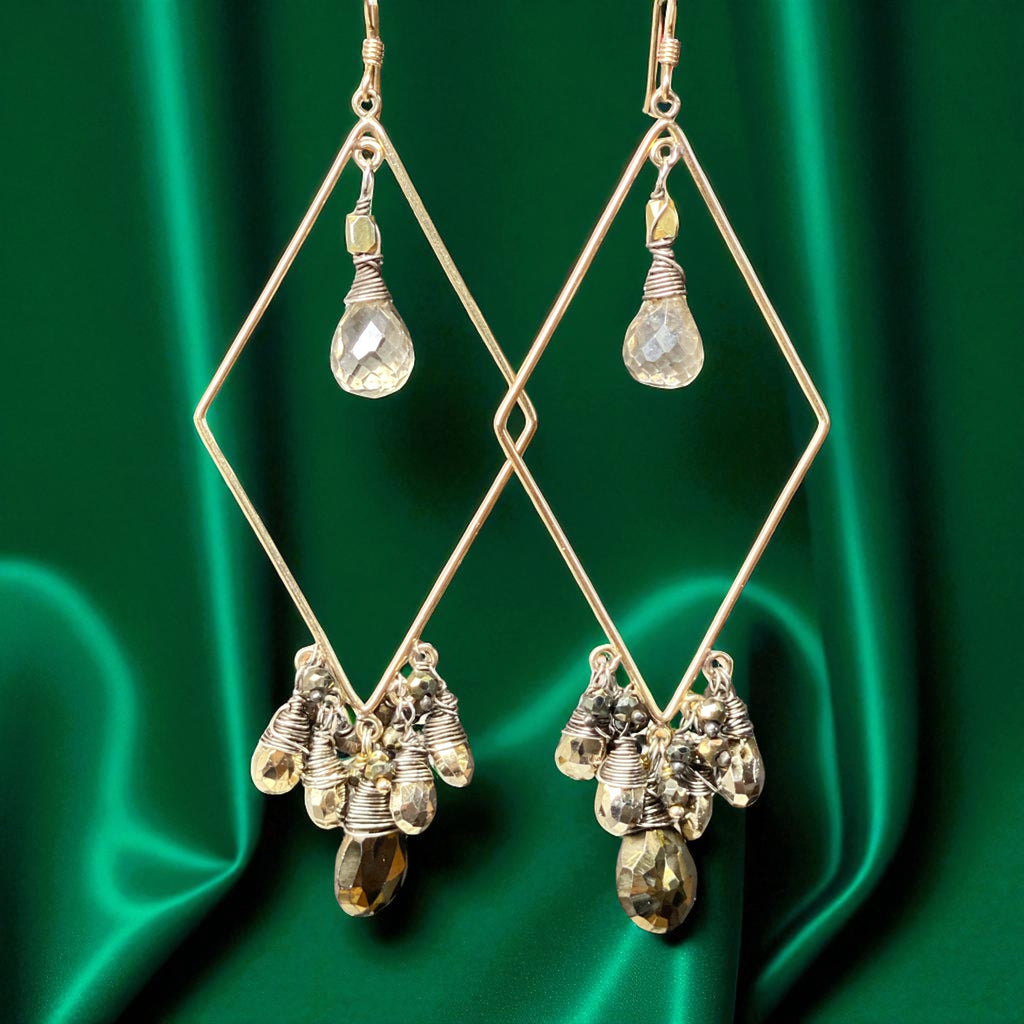 Mixed Metal Statement Hoop Earrings Pyrite Spinel Gemstones Gold Fill