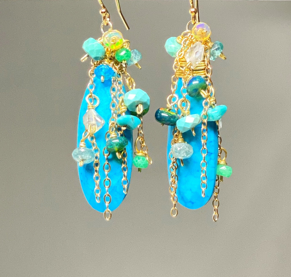Turquoise & Ethiopian Opal Cluster Dangle Earrings Gold Fill
