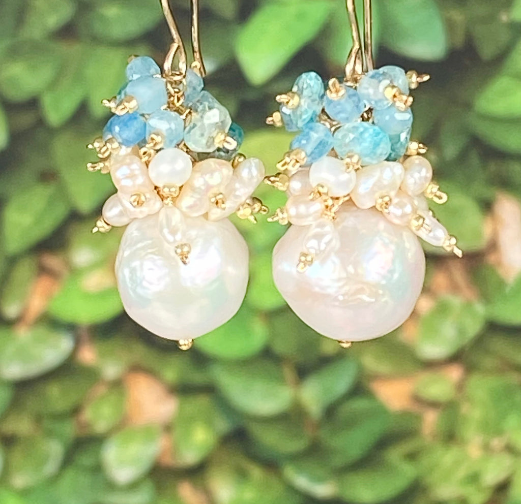 Blue Zircon Pearl Cluster Earrings Gold Post