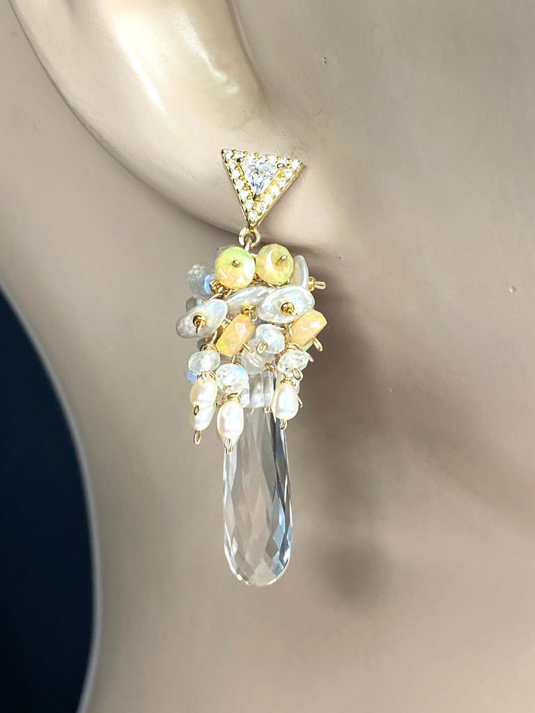 Crystal Quartz Opal and Moonstone Cluster Earrings Gold Post