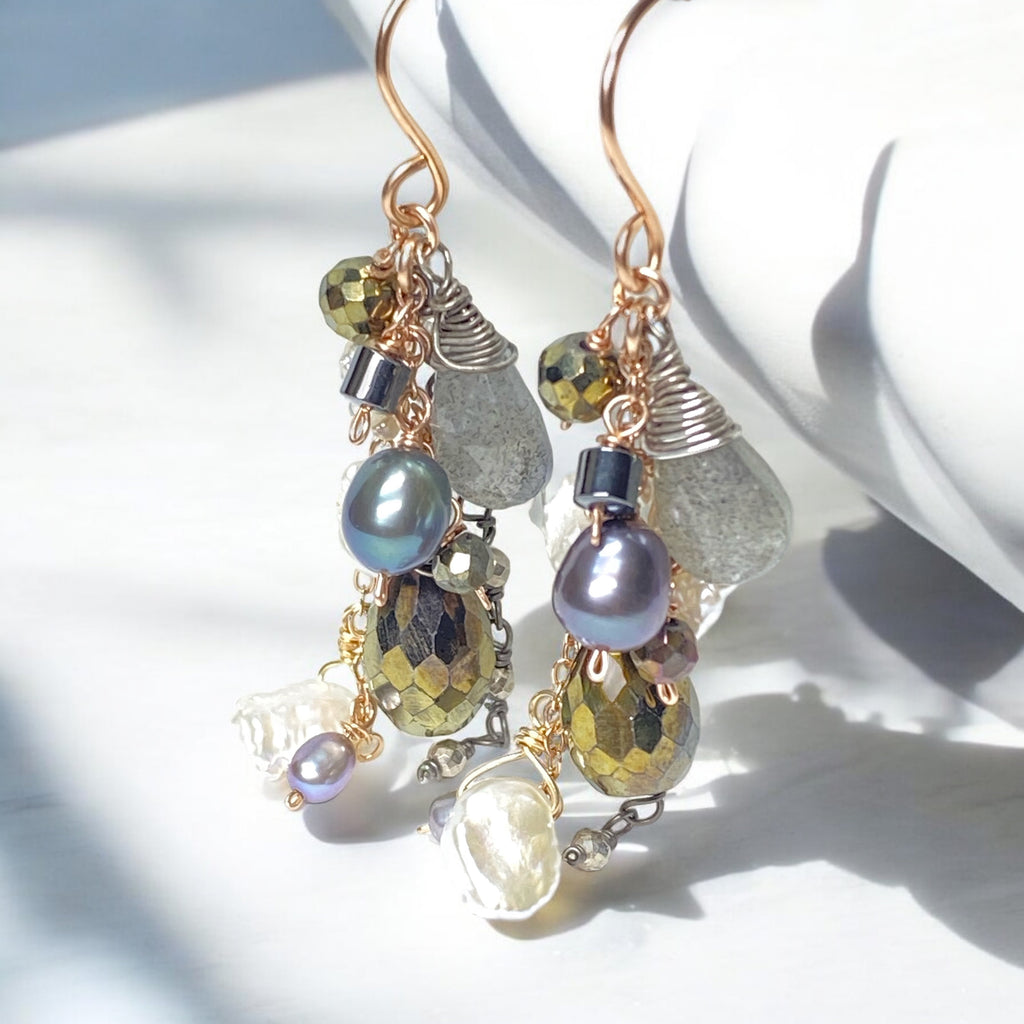 Labradorite Mixed Metal Dangle Earrings Rose Gold Oxidized Silver