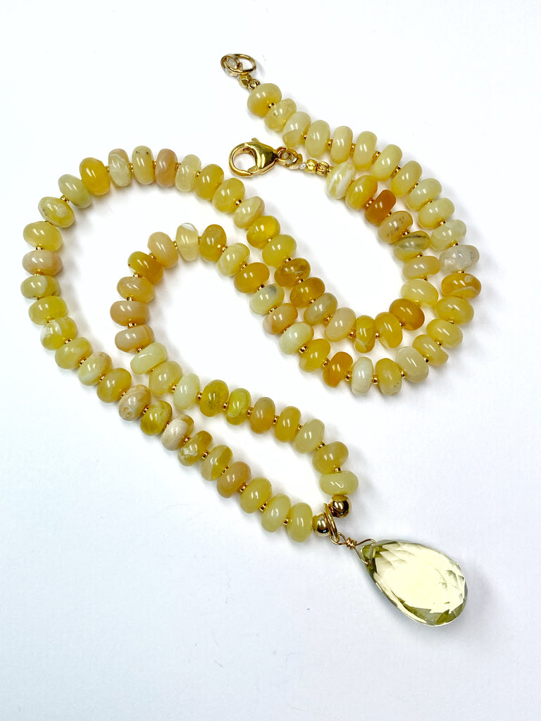 Lemon Quartz Gemstone Pendant on Yellow Opal Knotted Necklace, Gold Fill