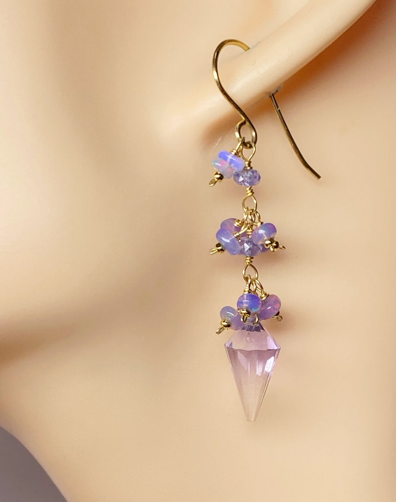 Amethyst Rose de France and Lavender Opal Dangle Earrings Gold Fill