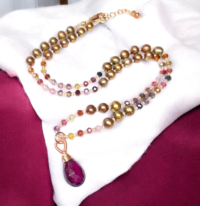 Rhodolite Garnet and Pearl Silk Knotted Necklace 2