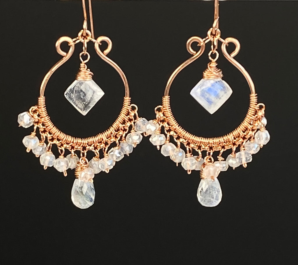 Diamond-Shaped Rainbow Moonstone Rose Gold Hoop Chandelier Earrings - Doolittle