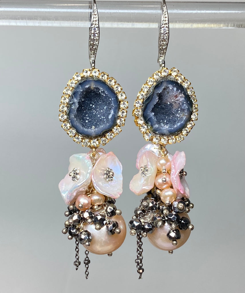 Pink Edison Pearl Cluster Earrings with Keishi and Black Geodes