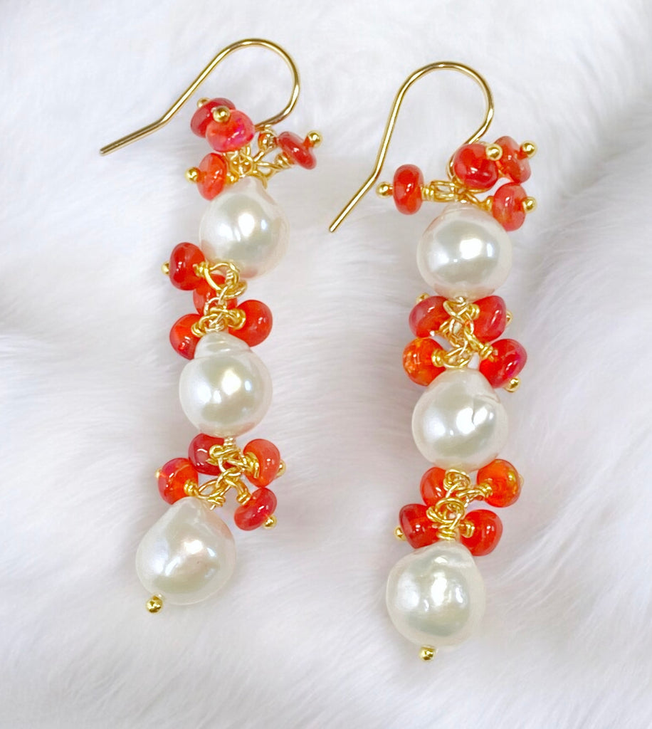 Pearl and Red Ethiopian Opal Long Dangle Earrings Gold