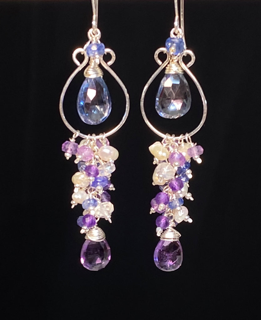 Blue Purple Gemstone Chandelier Hoop Earrings Sterling Silver — Tanzanite Amethyst Kyanite Moonstone - Doolittle