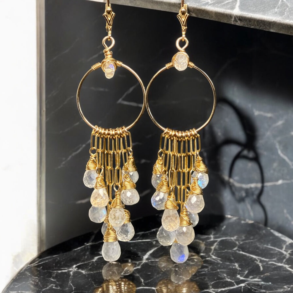 Rainbow Moonstone Gold Hoop Chandelier Earrings