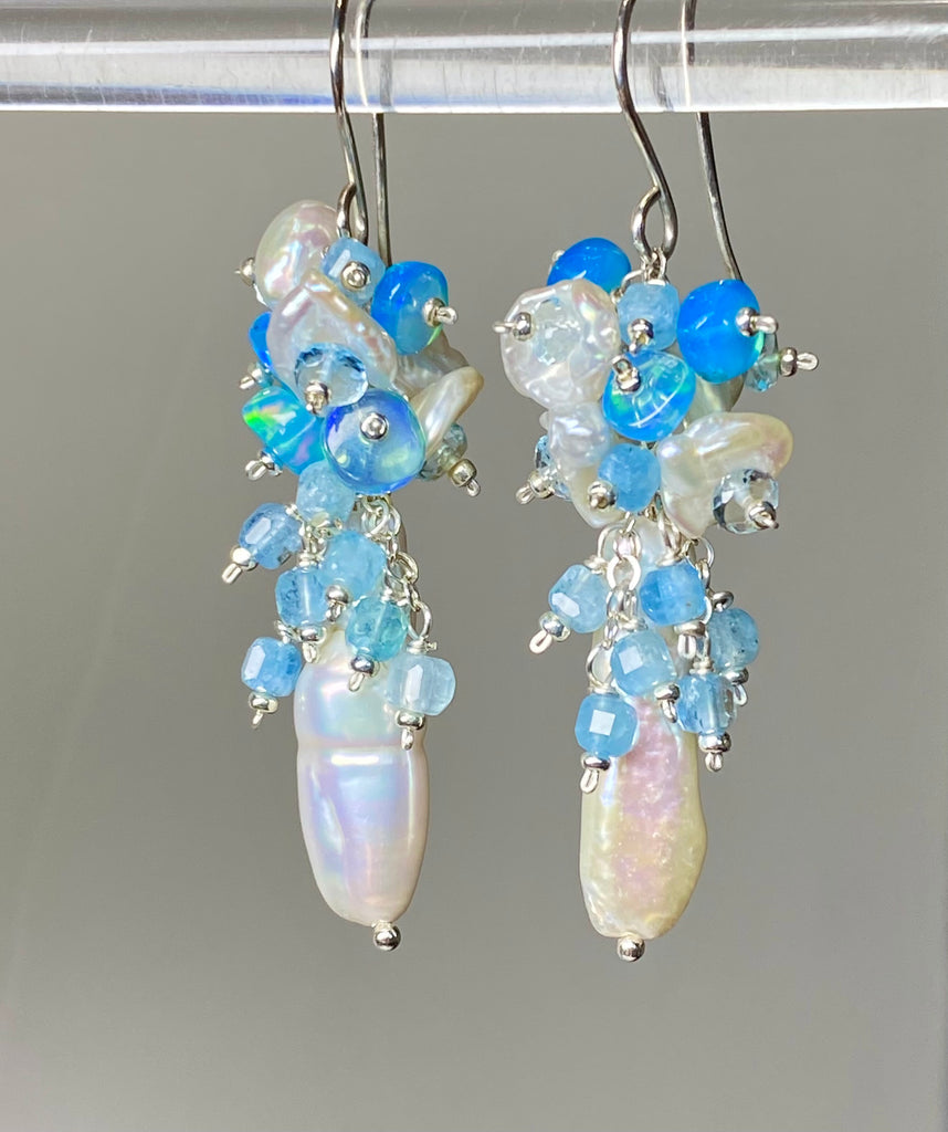 Blue Ethiopian Opal, Keishi Pearl and Gem Dangle Earrings Sterling Silver