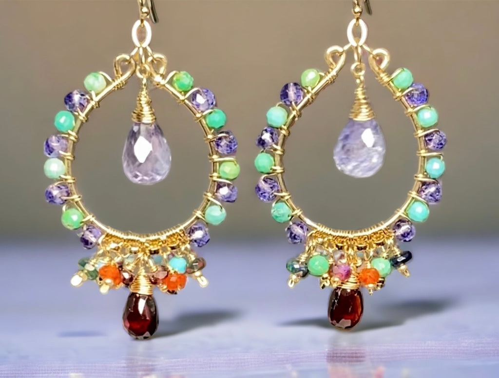 Gold Hoop Chandelier Earrings Iolite, Turquoise, Garnet, Opal