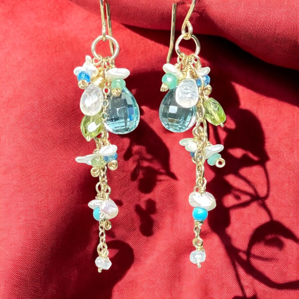 Aqua Gemstone Pearl Dangle Earrings Gold Fill