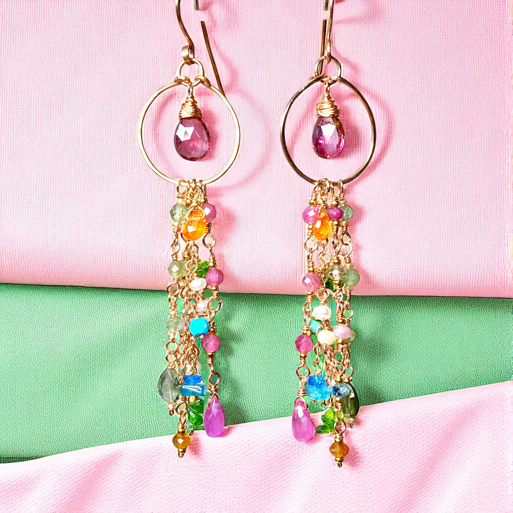 Pink Tourmaline Multicolor Gemstone Long Boho Dangle Earrings Rose Gold