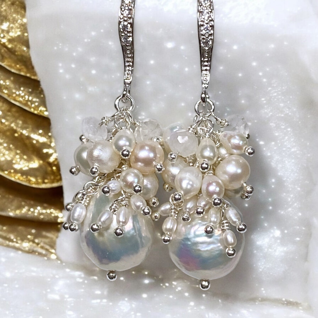 White Edison Pearl Cluster Earrings with Moonstone in Sterling Silver